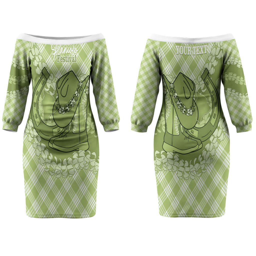 Omaomao Hawaii Cowboy Palaka Motifs Personalised Couples Matching Off The Shoulder Long Sleeve Dress and Hawaiian Shirt Paniolo Festival Puakenikeni Lei LT14 - Polynesian Pride