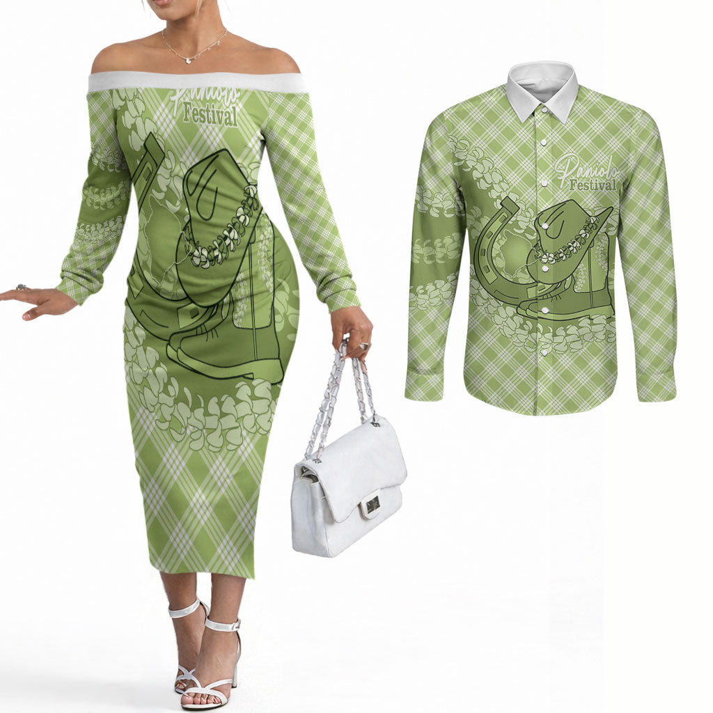 Omaomao Hawaii Cowboy Palaka Motifs Personalised Couples Matching Off The Shoulder Long Sleeve Dress and Long Sleeve Button Shirt Paniolo Festival Puakenikeni Lei LT14 Green - Polynesian Pride