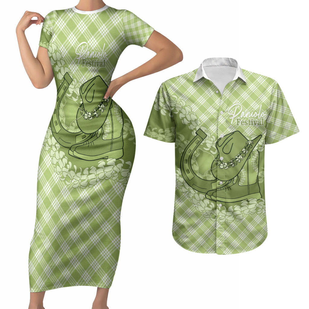 Omaomao Hawaii Cowboy Palaka Motifs Personalised Couples Matching Short Sleeve Bodycon Dress and Hawaiian Shirt Paniolo Festival Puakenikeni Lei LT14 Green - Polynesian Pride