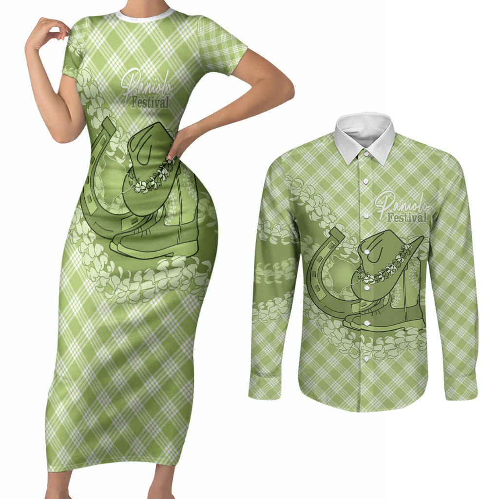 Omaomao Hawaii Cowboy Palaka Motifs Personalised Couples Matching Short Sleeve Bodycon Dress and Long Sleeve Button Shirt Paniolo Festival Puakenikeni Lei LT14 Green - Polynesian Pride