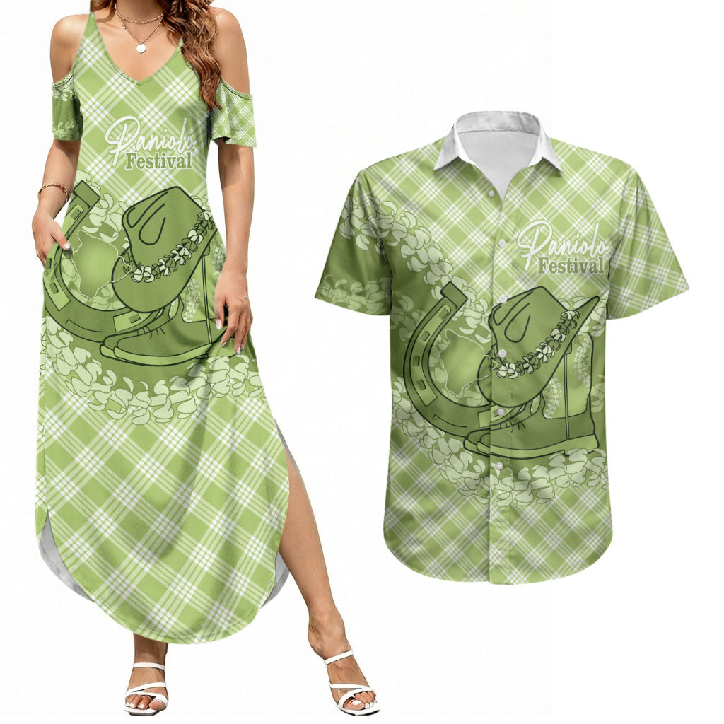 Omaomao Hawaii Cowboy Palaka Motifs Personalised Couples Matching Summer Maxi Dress and Hawaiian Shirt Paniolo Festival Puakenikeni Lei LT14 Green - Polynesian Pride