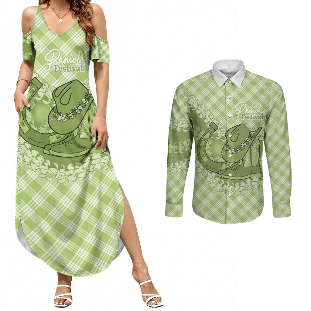 Omaomao Hawaii Cowboy Palaka Motifs Personalised Couples Matching Summer Maxi Dress and Long Sleeve Button Shirt Paniolo Festival Puakenikeni Lei LT14 Green - Polynesian Pride