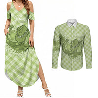 Omaomao Hawaii Cowboy Palaka Motifs Personalised Couples Matching Summer Maxi Dress and Long Sleeve Button Shirt Paniolo Festival Puakenikeni Lei LT14 Green - Polynesian Pride