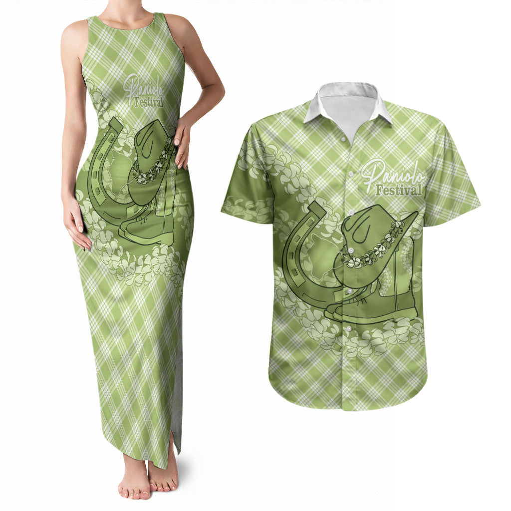 Omaomao Hawaii Cowboy Palaka Motifs Personalised Couples Matching Tank Maxi Dress and Hawaiian Shirt Paniolo Festival Puakenikeni Lei LT14 Green - Polynesian Pride