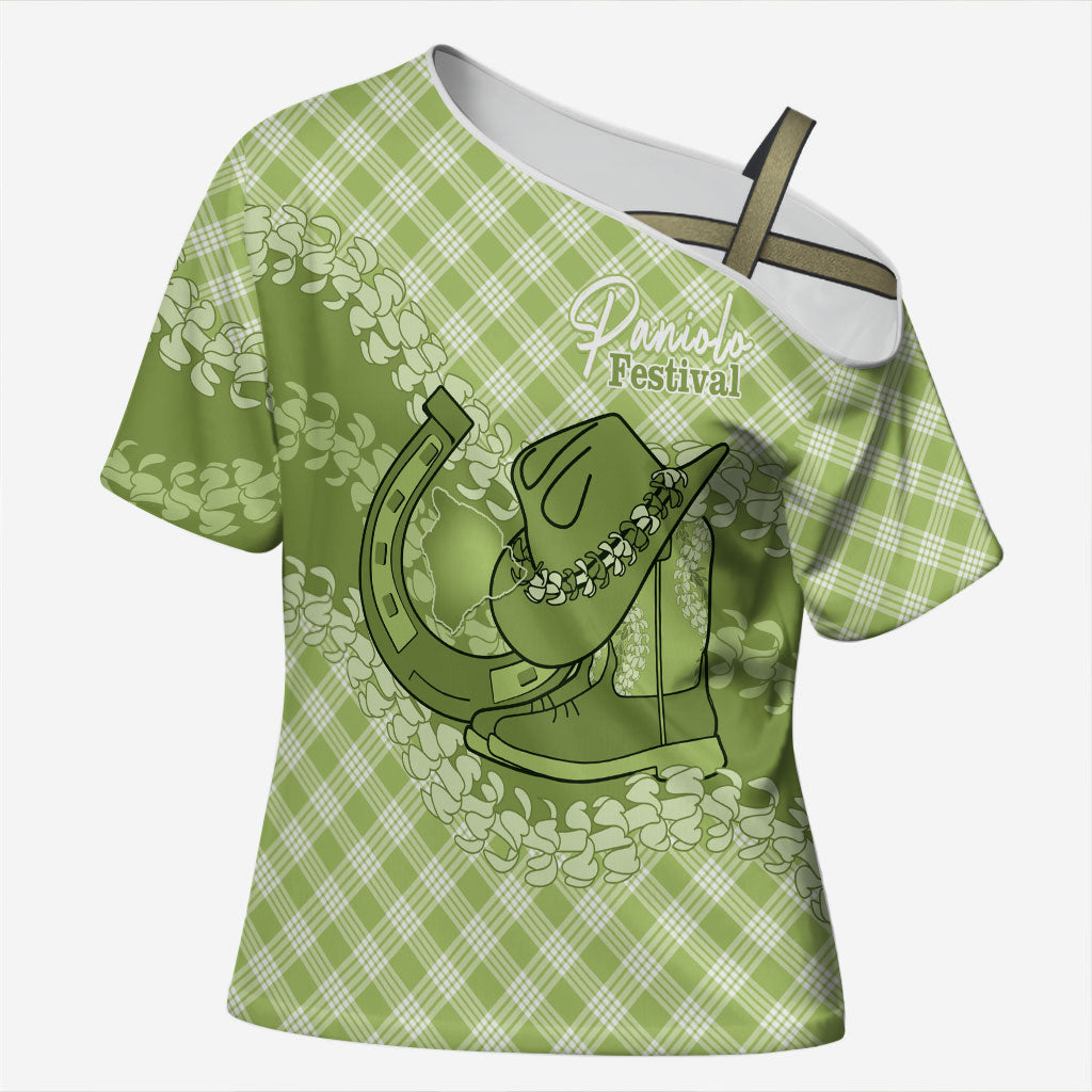 Omaomao Hawaii Cowboy Palaka Motifs Personalised Cross Shoulder Shirt Paniolo Festival Puakenikeni Lei LT14 Female Green - Polynesian Pride