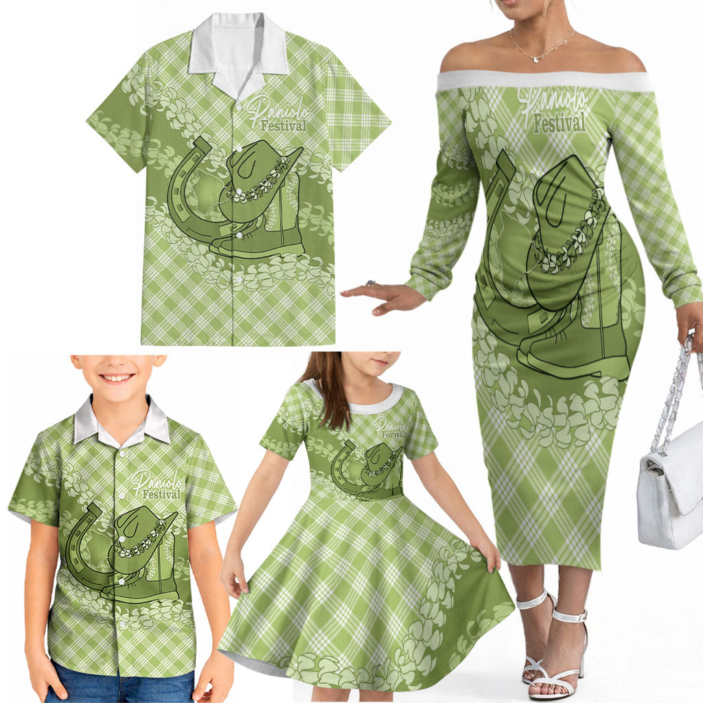 Omaomao Hawaii Cowboy Palaka Motifs Personalised Family Matching Off The Shoulder Long Sleeve Dress and Hawaiian Shirt Paniolo Festival Puakenikeni Lei LT14 - Polynesian Pride