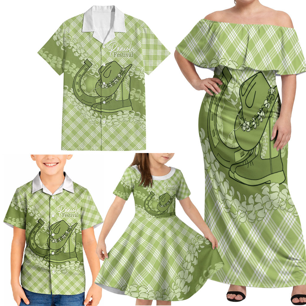 Omaomao Hawaii Cowboy Palaka Motifs Personalised Family Matching Off Shoulder Maxi Dress and Hawaiian Shirt Paniolo Festival Puakenikeni Lei LT14 - Polynesian Pride
