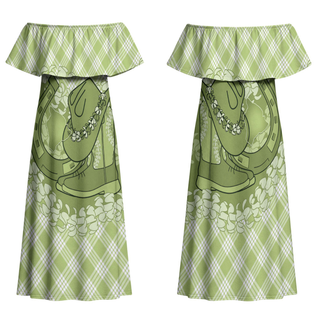 Omaomao Hawaii Cowboy Palaka Motifs Personalised Family Matching Off Shoulder Maxi Dress and Hawaiian Shirt Paniolo Festival Puakenikeni Lei LT14 Mom's Dress Green - Polynesian Pride