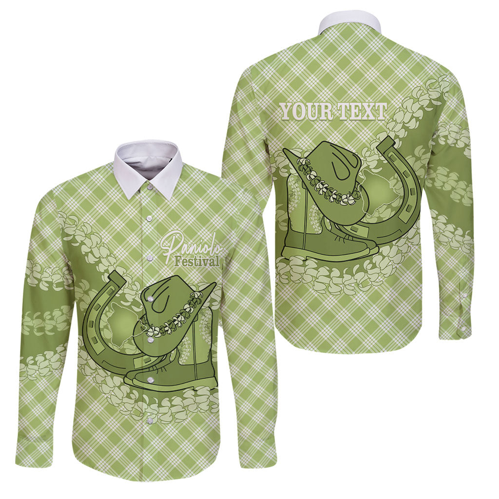 Omaomao Hawaii Cowboy Palaka Motifs Personalised Family Matching Off Shoulder Maxi Dress and Hawaiian Shirt Paniolo Festival Puakenikeni Lei LT14 Dad's Shirt - Long Sleeve Green - Polynesian Pride