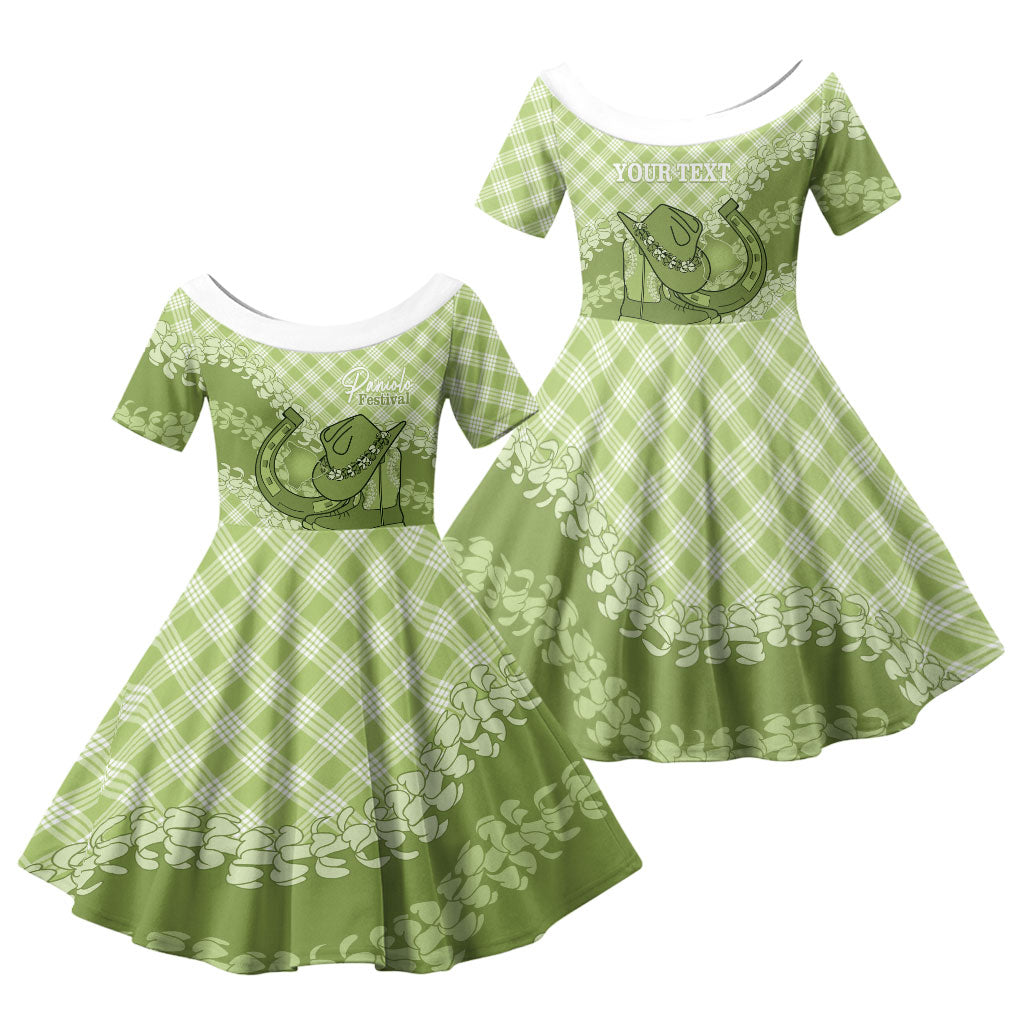 Omaomao Hawaii Cowboy Palaka Motifs Personalised Family Matching Off Shoulder Maxi Dress and Hawaiian Shirt Paniolo Festival Puakenikeni Lei LT14 Daughter's Dress Green - Polynesian Pride