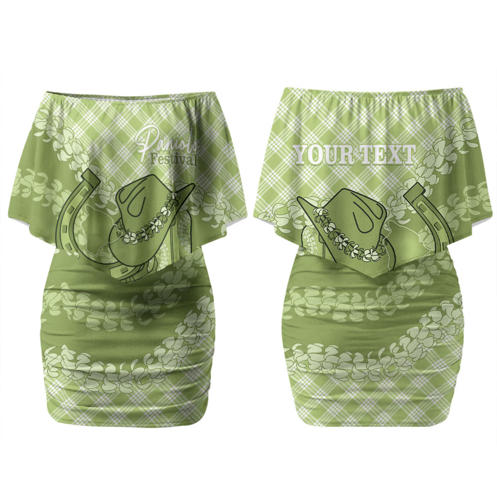 Omaomao Hawaii Cowboy Palaka Motifs Personalised Family Matching Off Shoulder Short Dress and Hawaiian Shirt Paniolo Festival Puakenikeni Lei LT14 Mom's Dress Green - Polynesian Pride