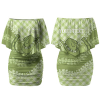 Omaomao Hawaii Cowboy Palaka Motifs Personalised Family Matching Off Shoulder Short Dress and Hawaiian Shirt Paniolo Festival Puakenikeni Lei LT14 Mom's Dress Green - Polynesian Pride