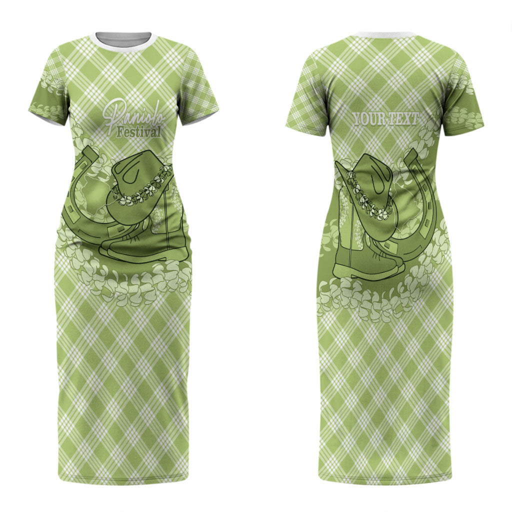 Omaomao Hawaii Cowboy Palaka Motifs Personalised Family Matching Short Sleeve Bodycon Dress and Hawaiian Shirt Paniolo Festival Puakenikeni Lei LT14 Mom's Dress Green - Polynesian Pride