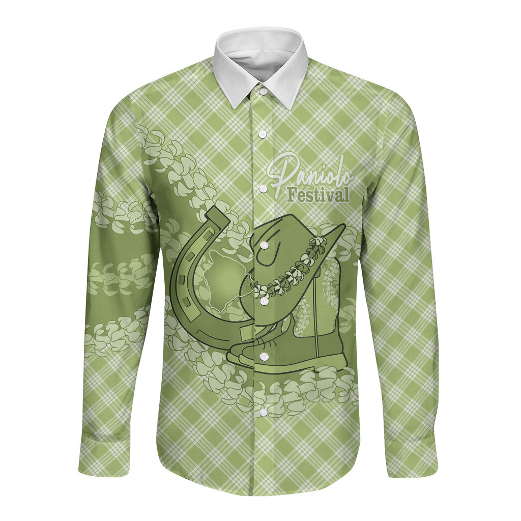 Omaomao Hawaii Cowboy Palaka Motifs Personalised Long Sleeve Button Shirt Paniolo Festival Puakenikeni Lei LT14 Unisex Green - Polynesian Pride