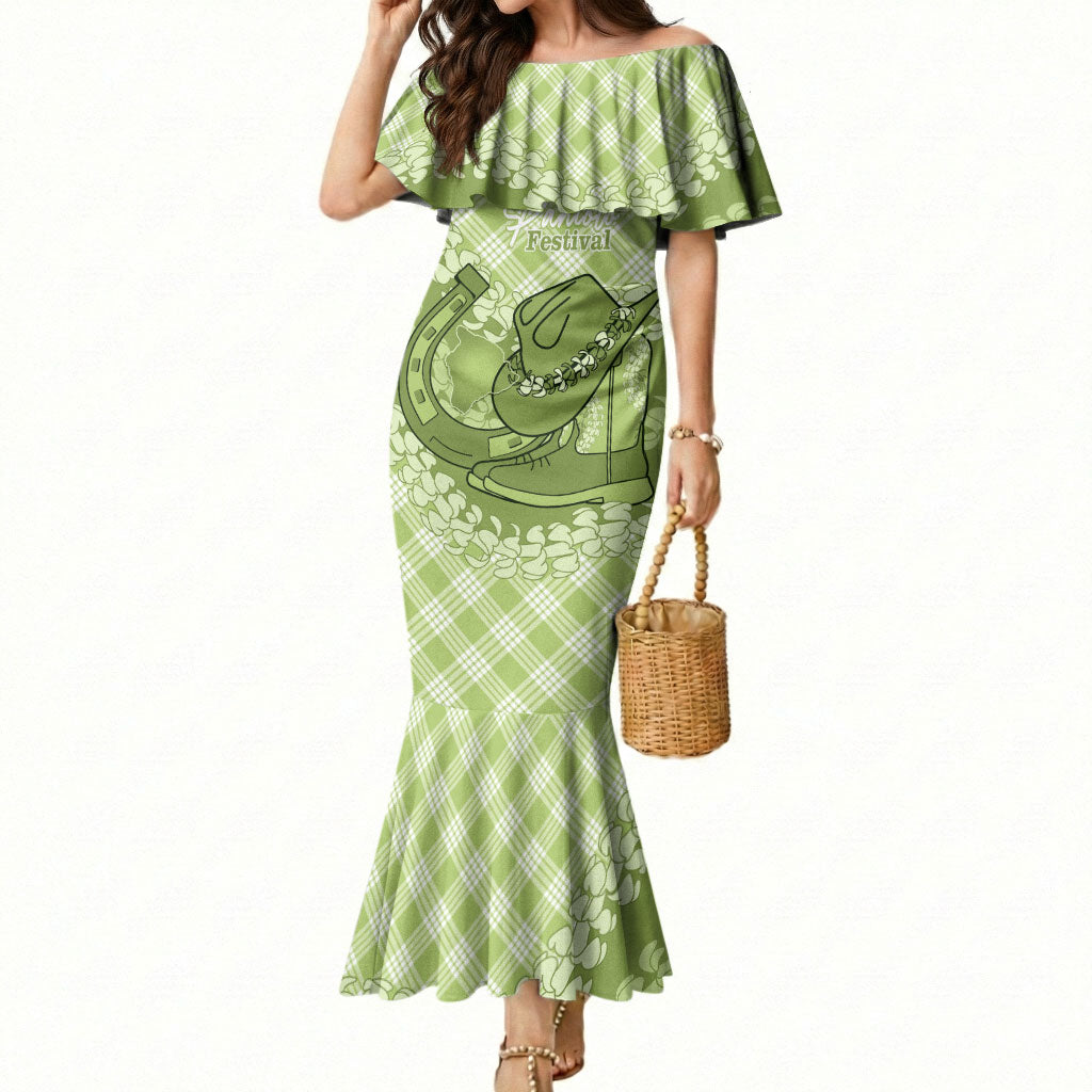 Omaomao Hawaii Cowboy Palaka Motifs Personalised Mermaid Dress Paniolo Festival Puakenikeni Lei LT14 Women Green - Polynesian Pride