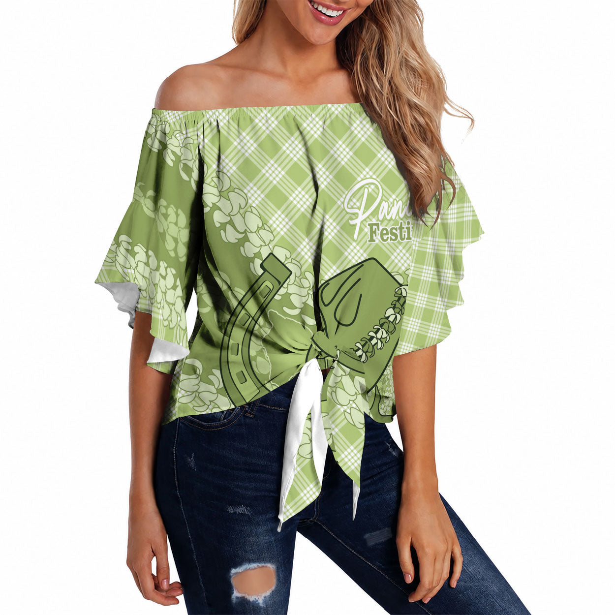 Omaomao Hawaii Cowboy Palaka Motifs Personalised Off Shoulder Wrap Waist Top Paniolo Festival Puakenikeni Lei LT14 Green - Polynesian Pride