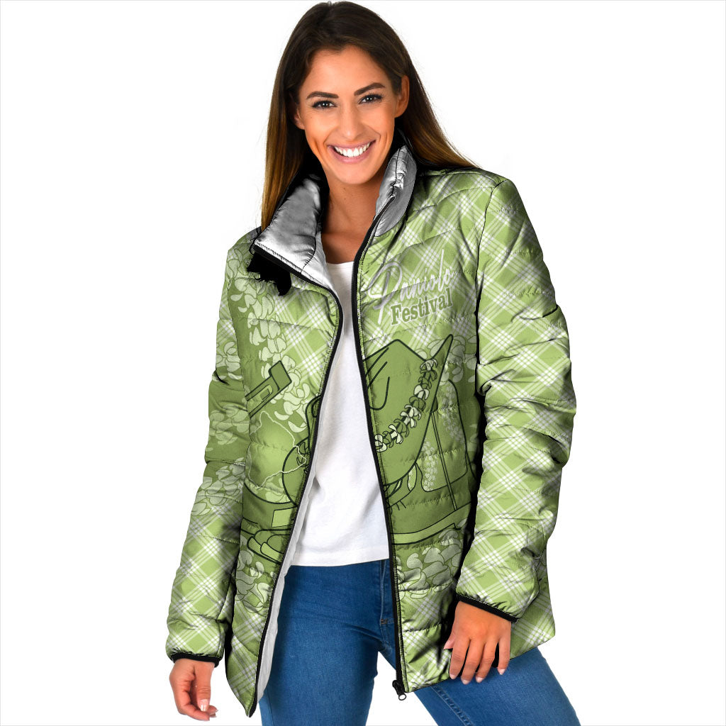 Omaomao Hawaii Cowboy Palaka Motifs Personalised Padded Jacket Paniolo Festival Puakenikeni Lei LT14 Women Green - Polynesian Pride