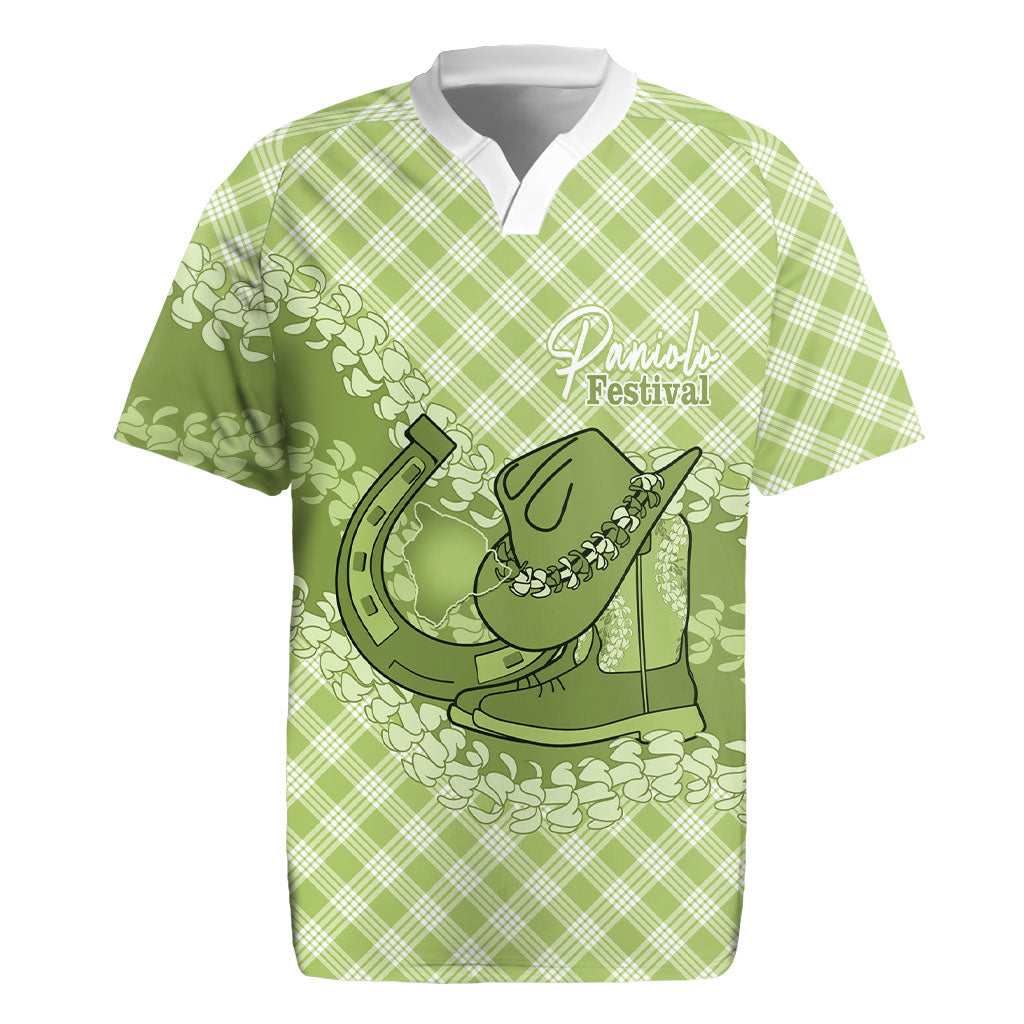 Omaomao Hawaii Cowboy Palaka Motifs Personalised Rugby Jersey Paniolo Festival Puakenikeni Lei LT14 Green - Polynesian Pride