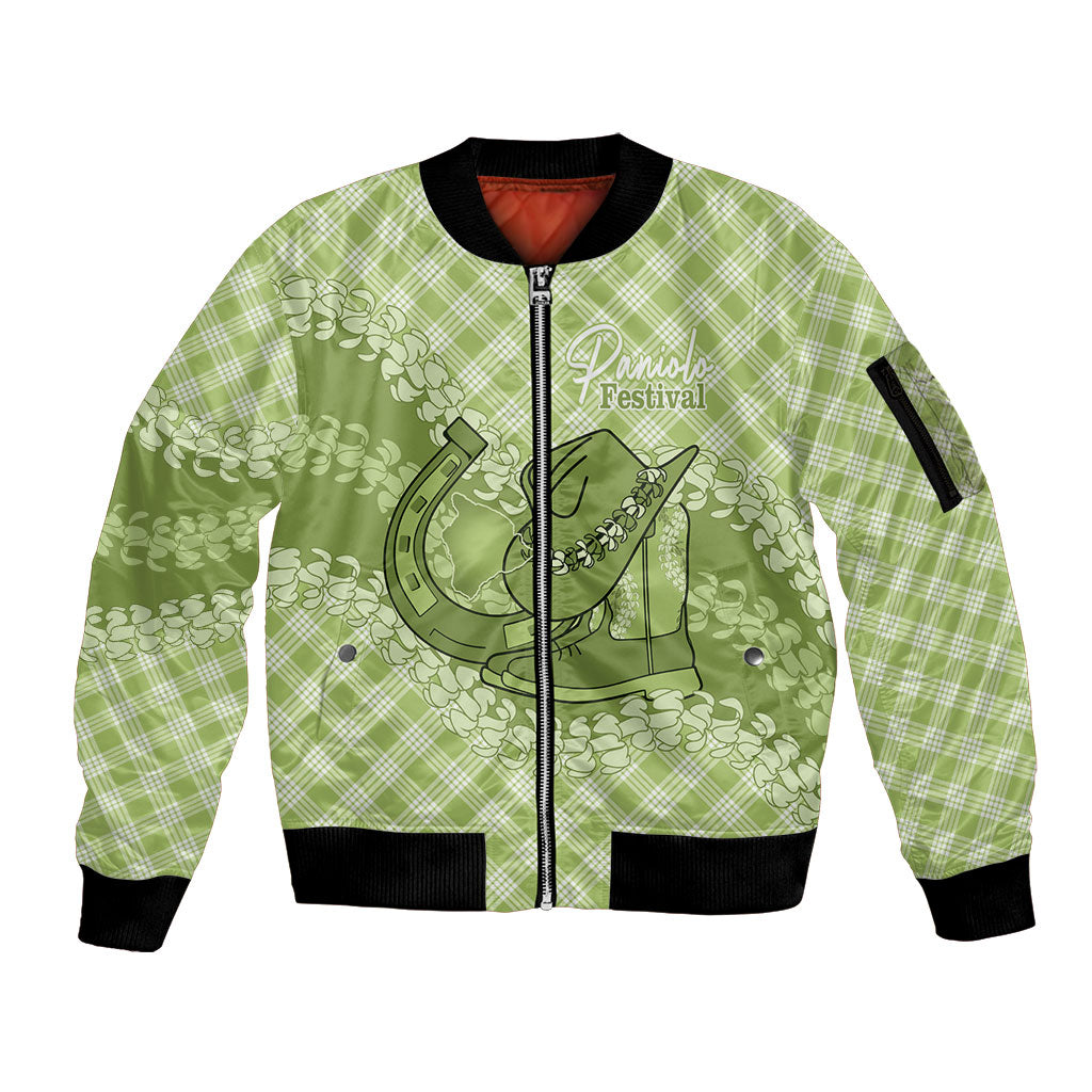 Omaomao Hawaii Cowboy Palaka Motifs Personalised Sleeve Zip Bomber Jacket Paniolo Festival Puakenikeni Lei LT14 Unisex Green - Polynesian Pride