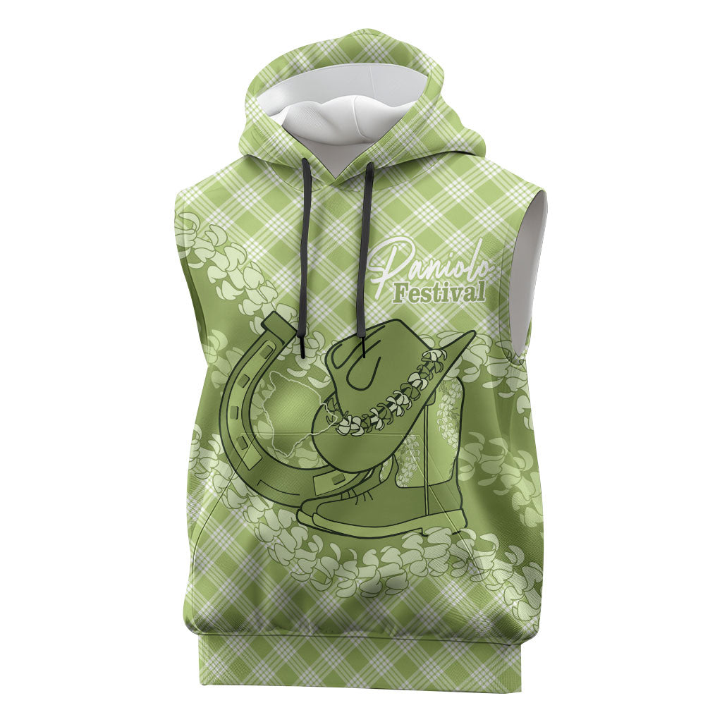 Omaomao Hawaii Cowboy Palaka Motifs Personalised Sleeveless Hoodie Paniolo Festival Puakenikeni Lei LT14 Green - Polynesian Pride