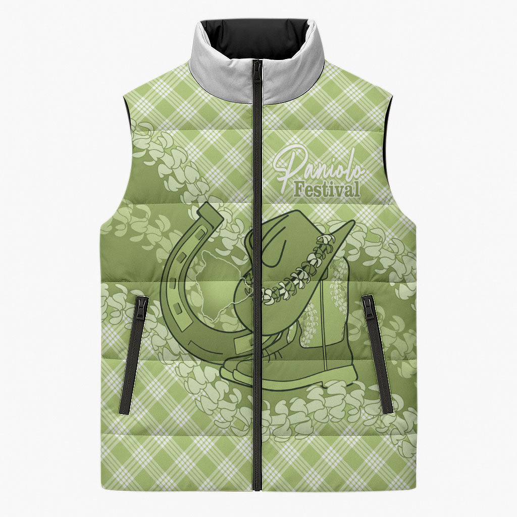 Omaomao Hawaii Cowboy Palaka Motifs Personalised Sleeveless Puffer Jacket Paniolo Festival Puakenikeni Lei LT14 Unisex Green - Polynesian Pride