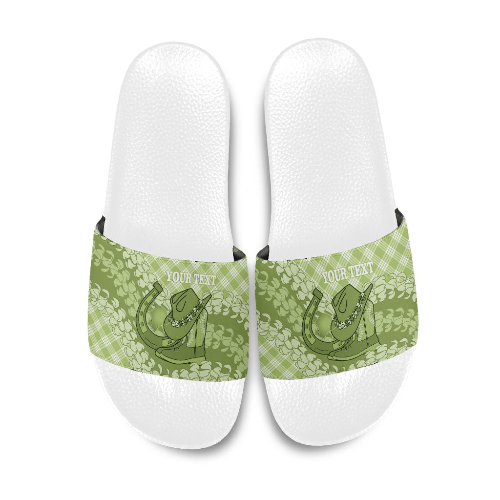 Omaomao Hawaii Cowboy Palaka Motifs Personalised Slide Sandals Paniolo Festival Puakenikeni Lei LT14 Green - Polynesian Pride