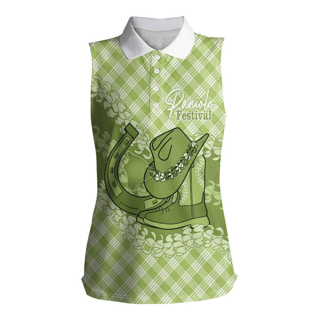 Omaomao Hawaii Cowboy Palaka Motifs Personalised Women Sleeveless Polo Shirt Paniolo Festival Puakenikeni Lei LT14 Female Green - Polynesian Pride