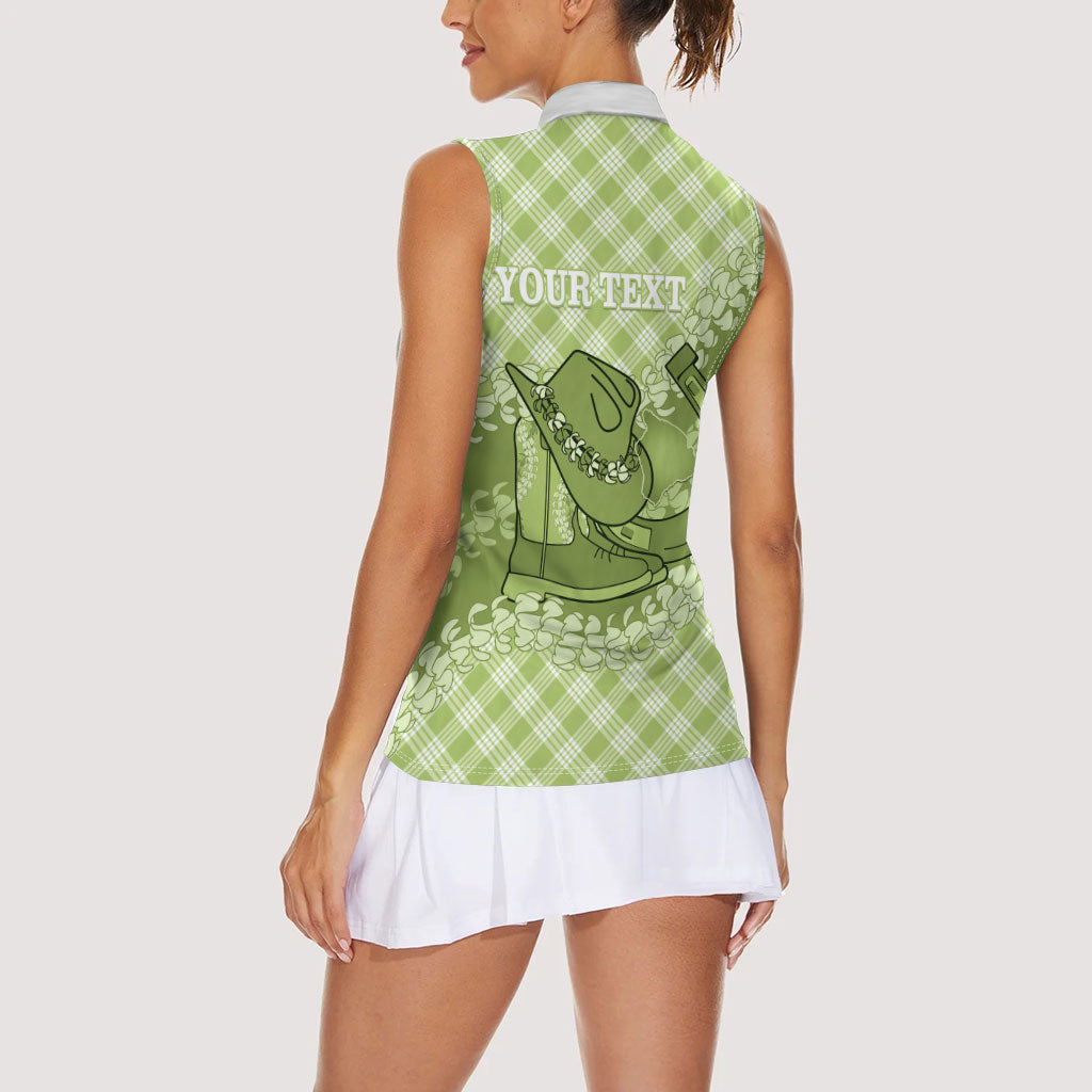 Omaomao Hawaii Cowboy Palaka Motifs Personalised Women Sleeveless Polo Shirt Paniolo Festival Puakenikeni Lei LT14 - Polynesian Pride