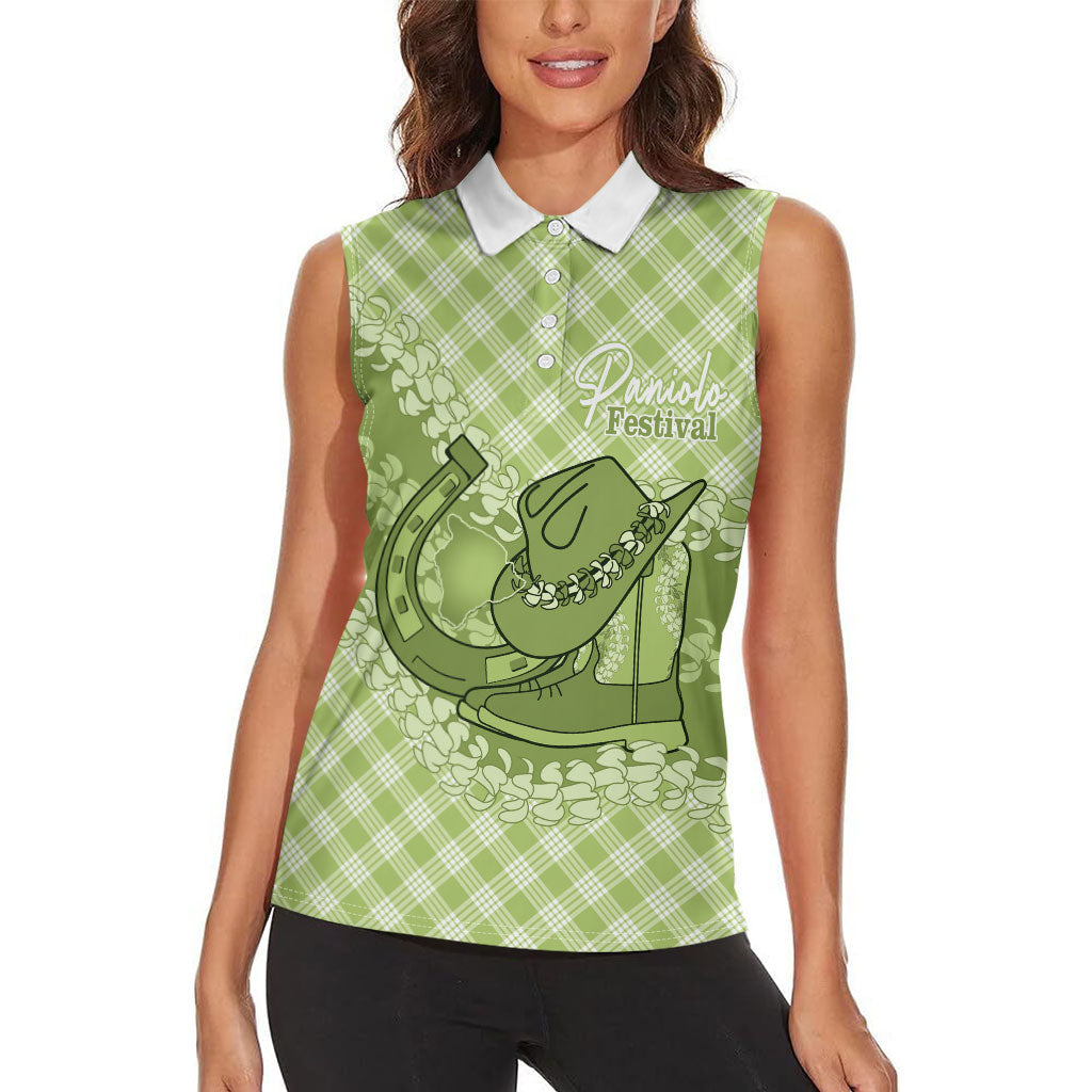 Omaomao Hawaii Cowboy Palaka Motifs Personalised Women Sleeveless Polo Shirt Paniolo Festival Puakenikeni Lei LT14 - Polynesian Pride