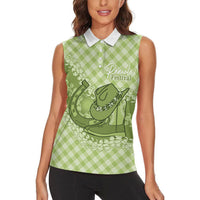 Omaomao Hawaii Cowboy Palaka Motifs Personalised Women Sleeveless Polo Shirt Paniolo Festival Puakenikeni Lei LT14 - Polynesian Pride