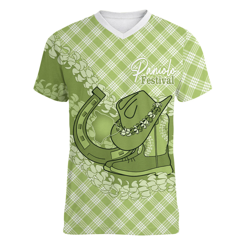 Omaomao Hawaii Cowboy Palaka Motifs Personalised Women V-Neck T-Shirt Paniolo Festival Puakenikeni Lei LT14 Female Green - Polynesian Pride