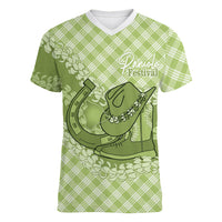 Omaomao Hawaii Cowboy Palaka Motifs Personalised Women V-Neck T-Shirt Paniolo Festival Puakenikeni Lei LT14 Female Green - Polynesian Pride