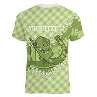 Omaomao Hawaii Cowboy Palaka Motifs Personalised Women V-Neck T-Shirt Paniolo Festival Puakenikeni Lei LT14 - Polynesian Pride