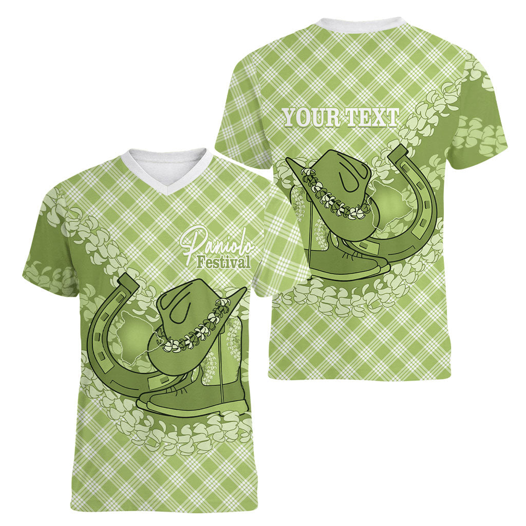 Omaomao Hawaii Cowboy Palaka Motifs Personalised Women V-Neck T-Shirt Paniolo Festival Puakenikeni Lei LT14 - Polynesian Pride