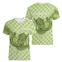 Omaomao Hawaii Cowboy Palaka Motifs Personalised Women V-Neck T-Shirt Paniolo Festival Puakenikeni Lei LT14 - Polynesian Pride