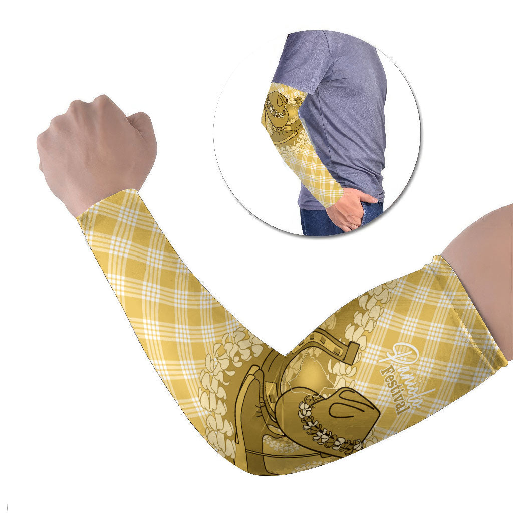 Melemele Hawaii Cowboy Palaka Motifs Personalised Arm Sleeves Paniolo Festival Puakenikeni Lei LT14 Set of 2 Yellow - Polynesian Pride