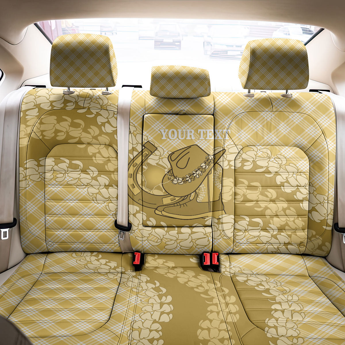 Melemele Hawaii Cowboy Palaka Motifs Personalised Back Car Seat Cover Paniolo Festival Puakenikeni Lei LT14 - Polynesian Pride
