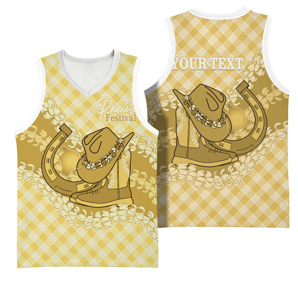 Melemele Hawaii Cowboy Palaka Motifs Personalised Basketball Jersey Paniolo Festival Puakenikeni Lei LT14 - Polynesian Pride