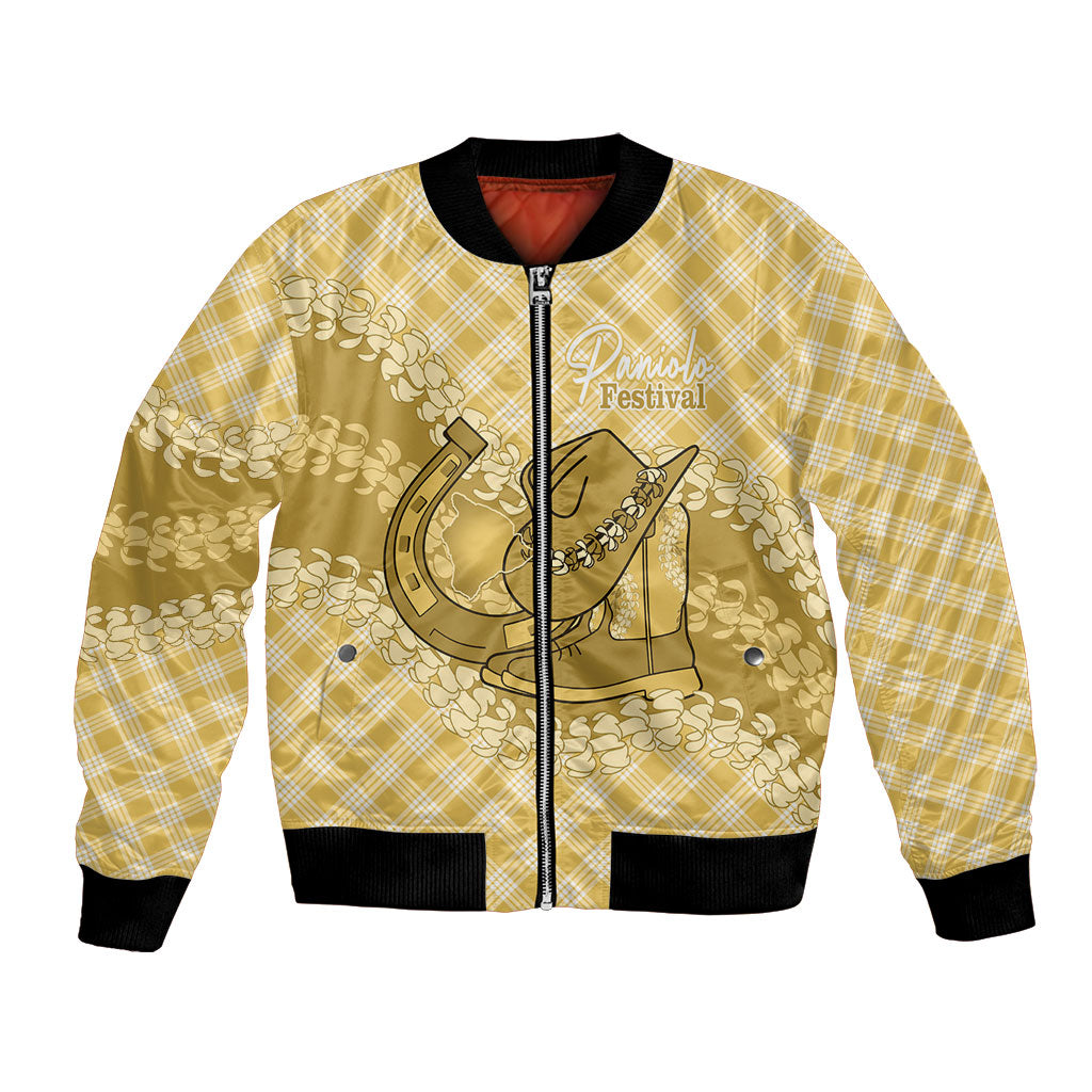Melemele Hawaii Cowboy Palaka Motifs Personalised Bomber Jacket Paniolo Festival Puakenikeni Lei LT14 Unisex Yellow - Polynesian Pride