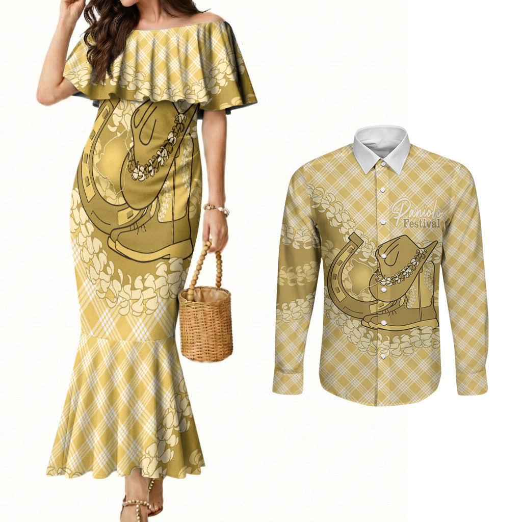 Melemele Hawaii Cowboy Palaka Motifs Personalised Couples Matching Mermaid Dress and Long Sleeve Button Shirt Paniolo Festival Puakenikeni Lei LT14 Yellow - Polynesian Pride