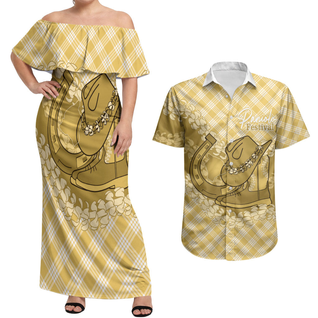 Melemele Hawaii Cowboy Palaka Motifs Personalised Couples Matching Off Shoulder Maxi Dress and Hawaiian Shirt Paniolo Festival Puakenikeni Lei LT14 Yellow - Polynesian Pride
