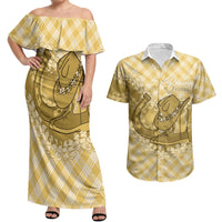 Melemele Hawaii Cowboy Palaka Motifs Personalised Couples Matching Off Shoulder Maxi Dress and Hawaiian Shirt Paniolo Festival Puakenikeni Lei LT14 Yellow - Polynesian Pride