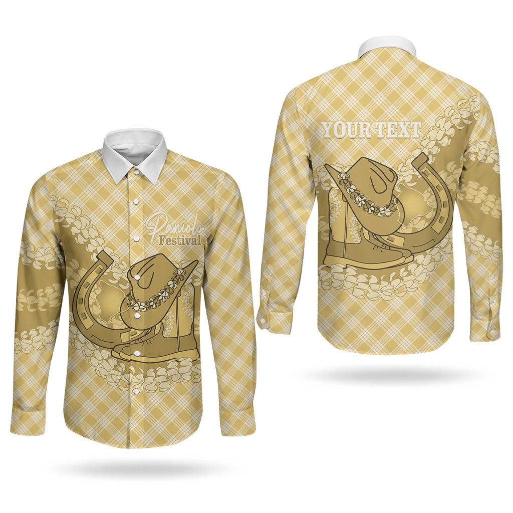 Melemele Hawaii Cowboy Palaka Motifs Personalised Couples Matching Off Shoulder Maxi Dress and Long Sleeve Button Shirt Paniolo Festival Puakenikeni Lei LT14 - Polynesian Pride