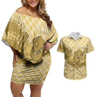 Melemele Hawaii Cowboy Palaka Motifs Personalised Couples Matching Off Shoulder Short Dress and Hawaiian Shirt Paniolo Festival Puakenikeni Lei LT14 Yellow - Polynesian Pride