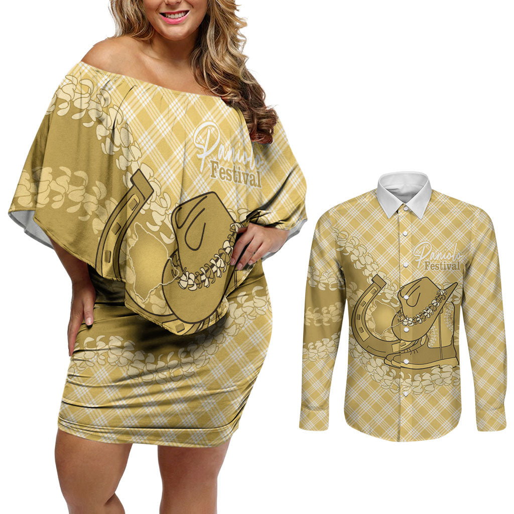 Melemele Hawaii Cowboy Palaka Motifs Personalised Couples Matching Off Shoulder Short Dress and Long Sleeve Button Shirt Paniolo Festival Puakenikeni Lei LT14 Yellow - Polynesian Pride