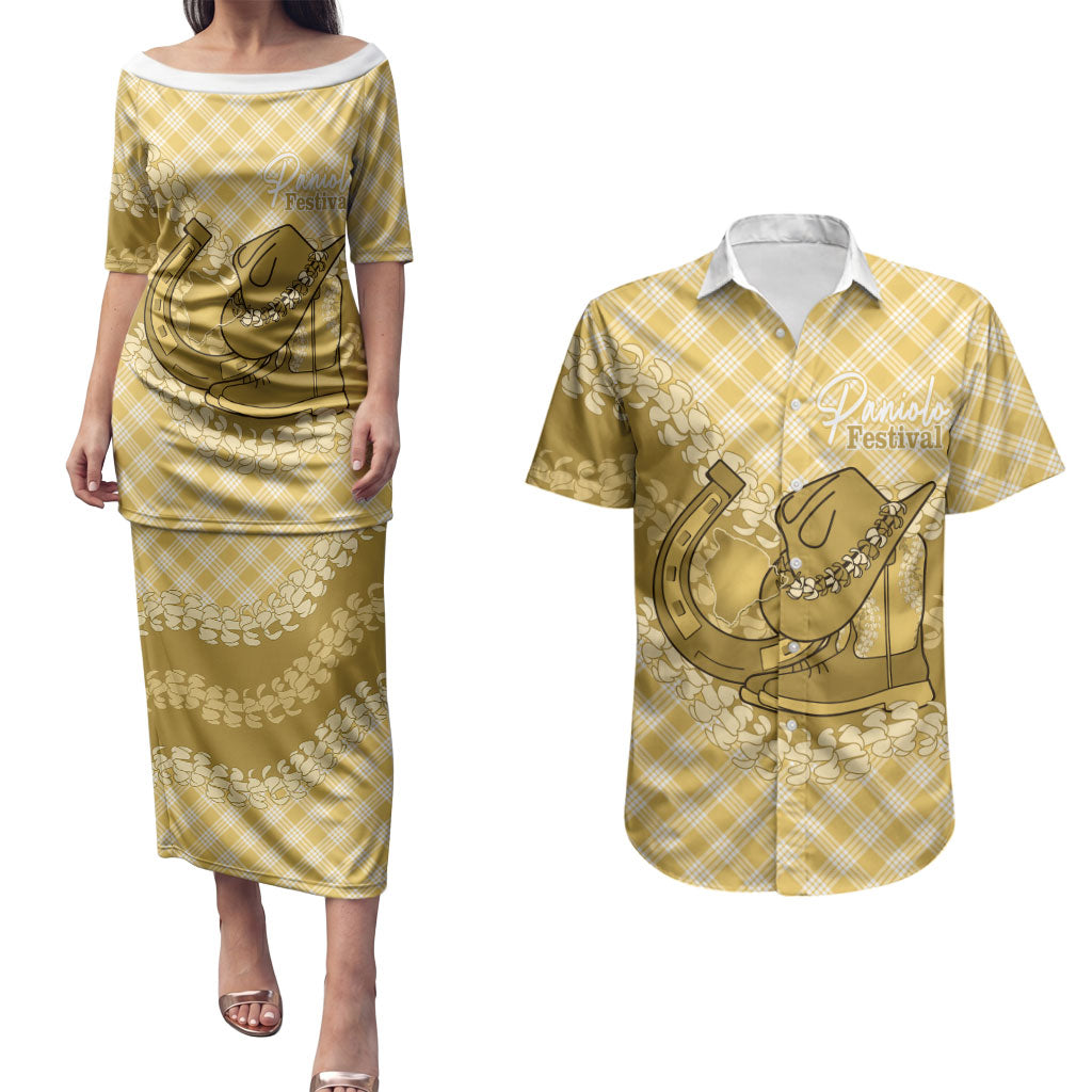 Melemele Hawaii Cowboy Palaka Motifs Personalised Couples Matching Puletasi and Hawaiian Shirt Paniolo Festival Puakenikeni Lei LT14 Yellow - Polynesian Pride