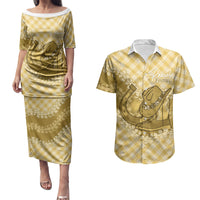 Melemele Hawaii Cowboy Palaka Motifs Personalised Couples Matching Puletasi and Hawaiian Shirt Paniolo Festival Puakenikeni Lei LT14 Yellow - Polynesian Pride