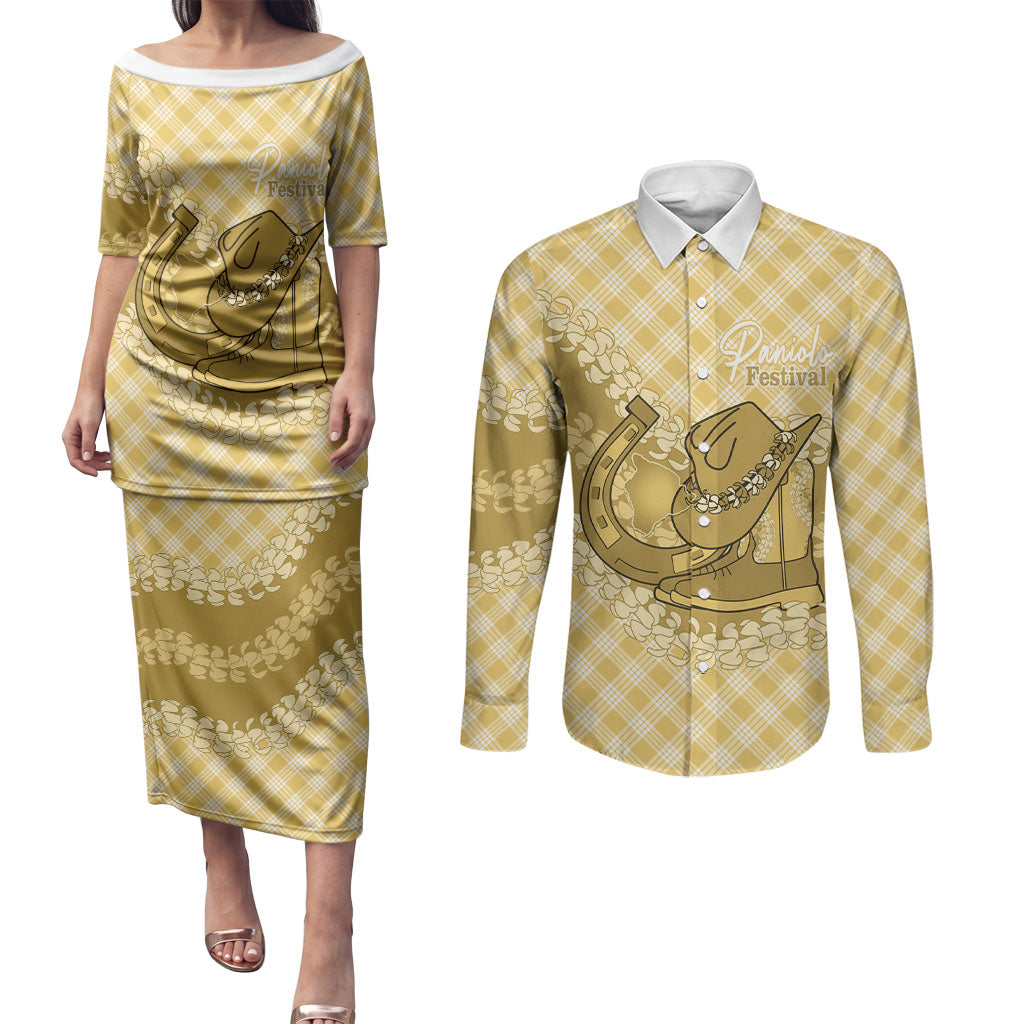 Melemele Hawaii Cowboy Palaka Motifs Personalised Couples Matching Puletasi and Long Sleeve Button Shirt Paniolo Festival Puakenikeni Lei LT14 Yellow - Polynesian Pride