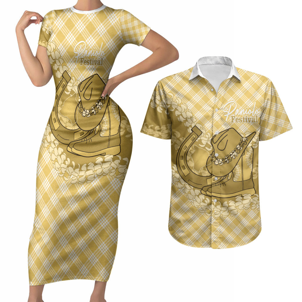 Melemele Hawaii Cowboy Palaka Motifs Personalised Couples Matching Short Sleeve Bodycon Dress and Hawaiian Shirt Paniolo Festival Puakenikeni Lei LT14 Yellow - Polynesian Pride