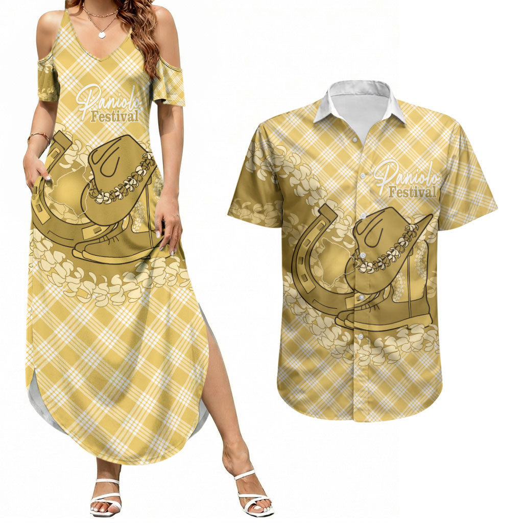 Melemele Hawaii Cowboy Palaka Motifs Personalised Couples Matching Summer Maxi Dress and Hawaiian Shirt Paniolo Festival Puakenikeni Lei LT14 Yellow - Polynesian Pride